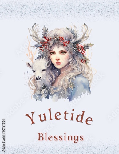 Greeting card Yuletide Blessings Winter Snow Queen Goddess Artemis with Fawn Light Blue Background with Blue Sparkles
 photo