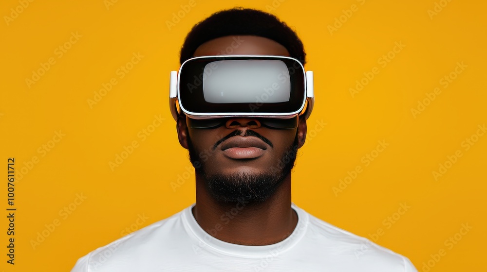 Man Experiencing Virtual Reality with VR Headset on Yellow Background