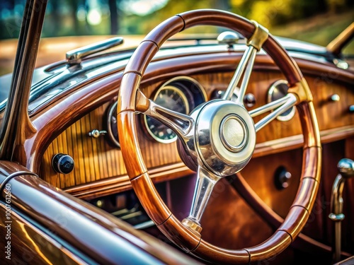 Classic Vintage Car Steering Wheel Close-Up, Showcasing Timeless Design and Craftsmanship Details