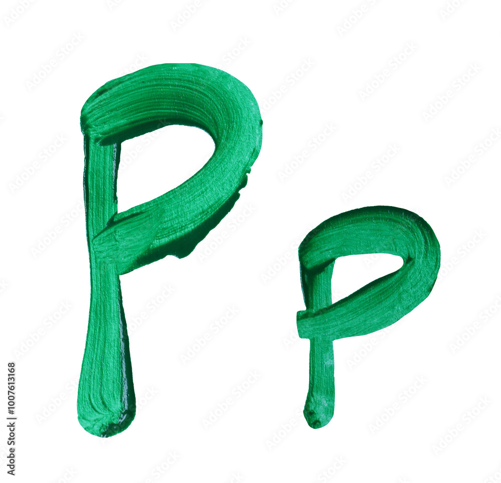 Artistic representation of the letters P and p painted in vibrant green with transparent image of PNG format extension.