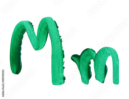 Artistic representation of the letters M and m painted in vibrant green with transparent image of PNG format extension.