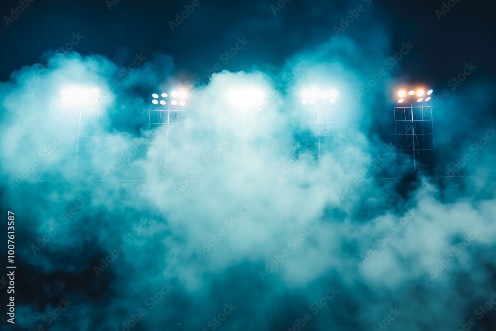 Bright stadium arena lights and smoke at night time Bright stadium arena lights and smoke at night time