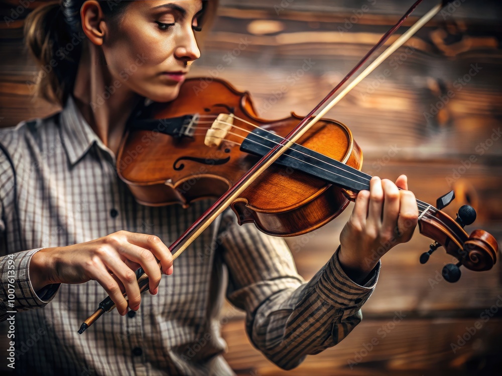 Closeup of a violinist's hands skillfully playing a beautiful melody on a wooden instrument Closeup of a violinist's hands skillfully playing a beautiful melody on a wooden instrument