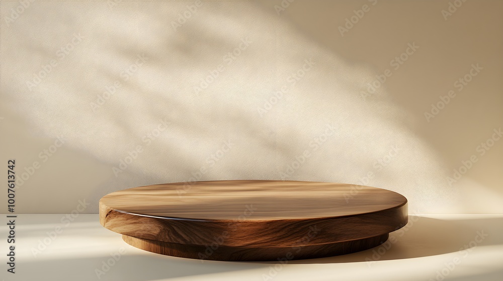 A wooden podium with a polished finish, placed against a light beige background, creating a professional atmosphere A wooden podium with a polished finish, placed against a light beige background, creating a professional atmosphere