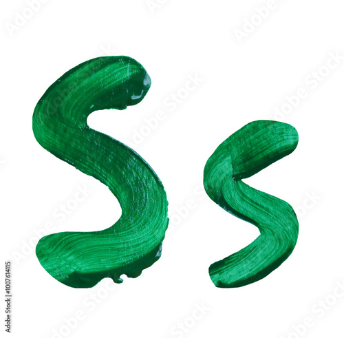 Artistic representation of the letters S and s painted in vibrant green with transparent image of PNG format extension.
