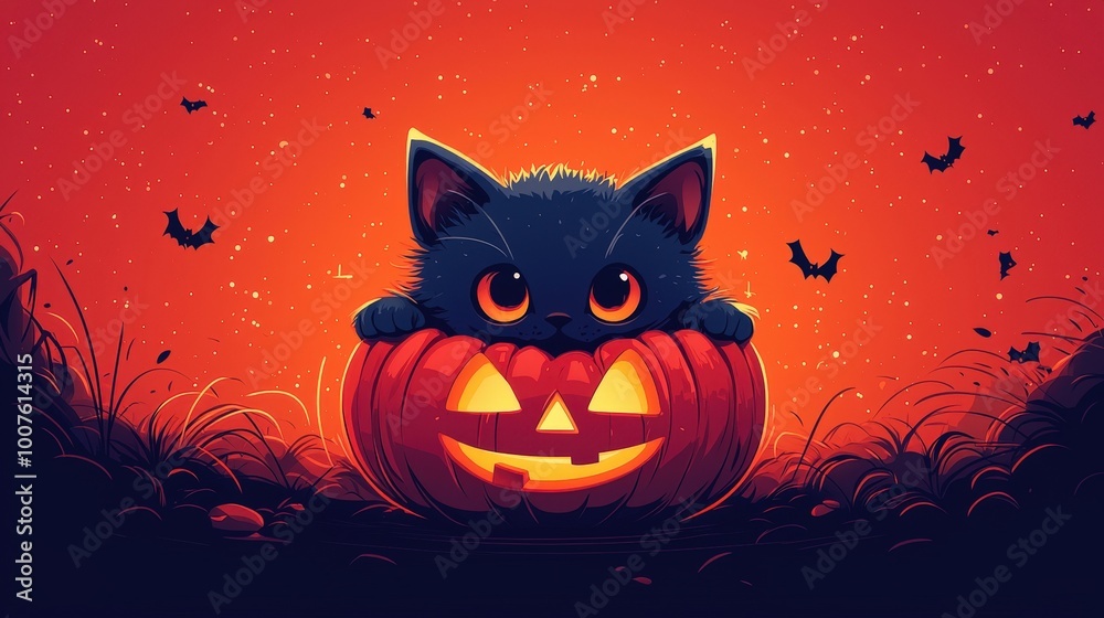 A black cat is sitting in a pumpkin with a lit candle inside A black cat is sitting in a pumpkin with a lit candle inside