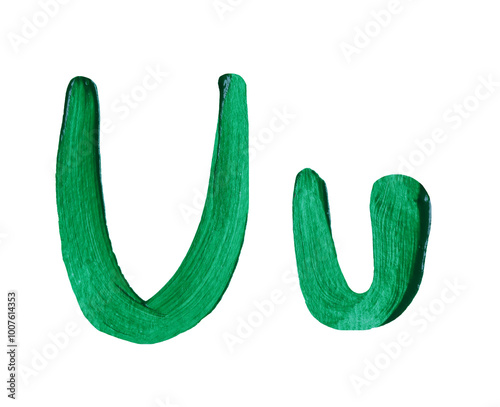 Obraz na płótnie Artistic representation of the letters U and u painted in vibrant green with transparent image of PNG format extension. w salonie