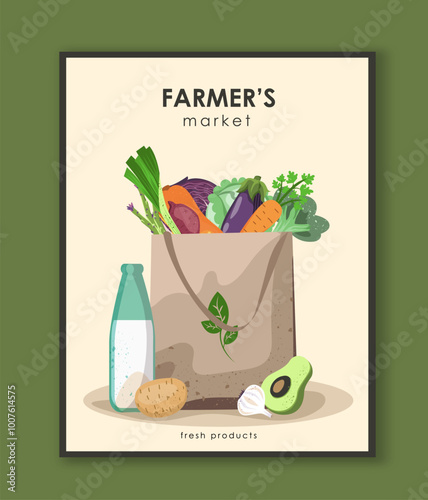 Farmers market poster. Package with vegetables and bottle of milk. Natural and organic eating with vitamins. Proper diet and nutrition. Flat vector illustration