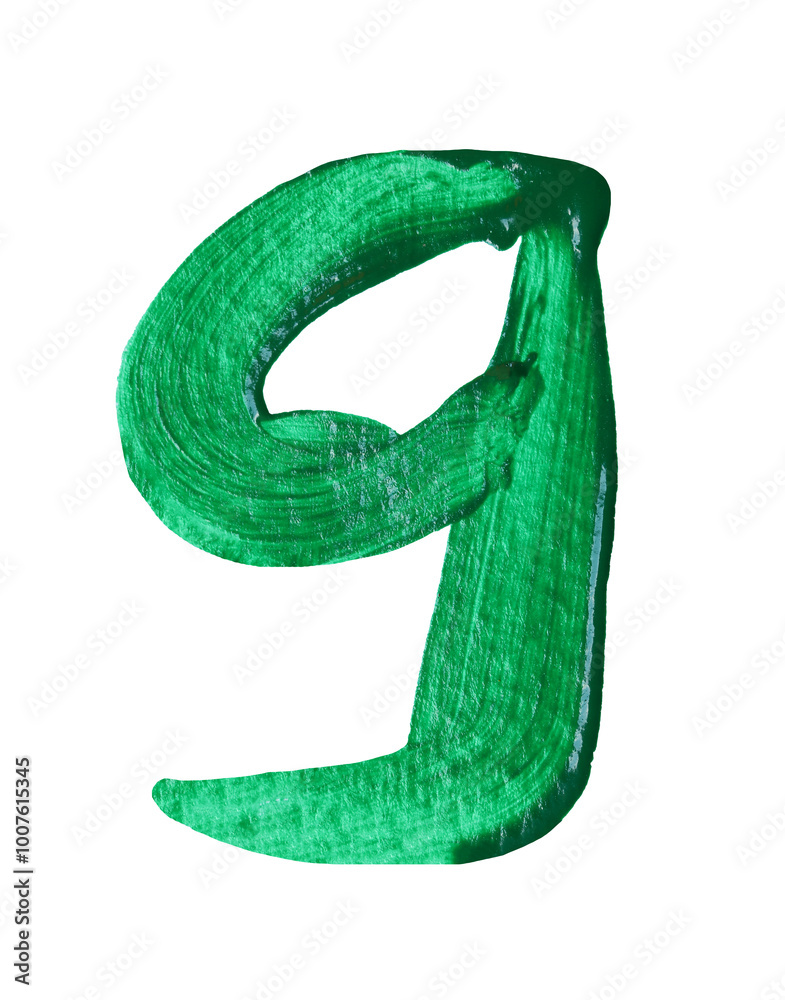 Artistic green numeral nine showcasing a smooth texture and vibrant color with transparent image of PNG format extension.