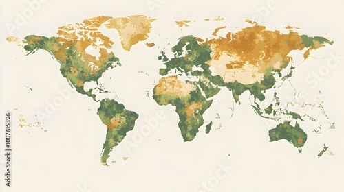 A detailed vector illustration of a world map featuring realistic topography and natural elements, set against a light solid color background