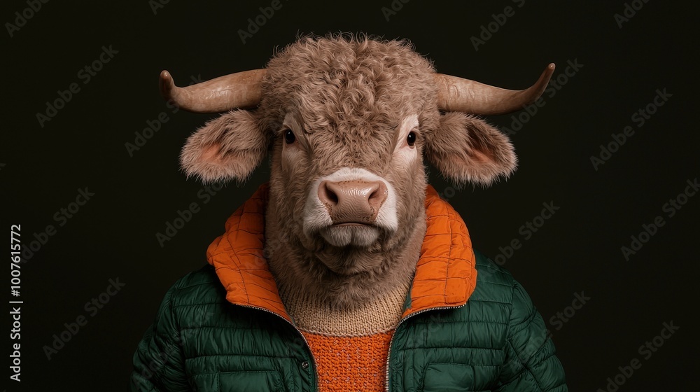 Obraz premium Bull in a Green and Orange Winter Jacket Animal Portrait 4K Photorealistic