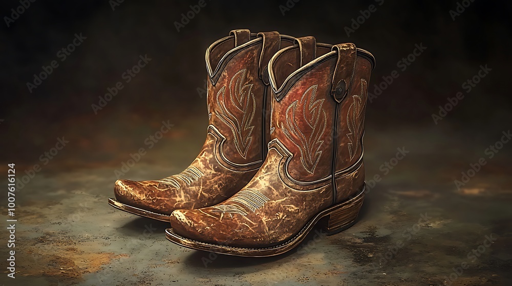 A pair of brown leather classic cowboy boots with intricate stitching and embellishments dark background A pair of brown leather classic cowboy boots with intricate stitching and embellishments dark background