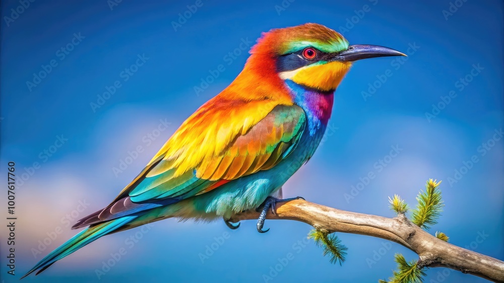 Obraz premium Colorful Bird Clip with Vibrant Feathers Perched on a Branch Against a Clear Blue Sky Background