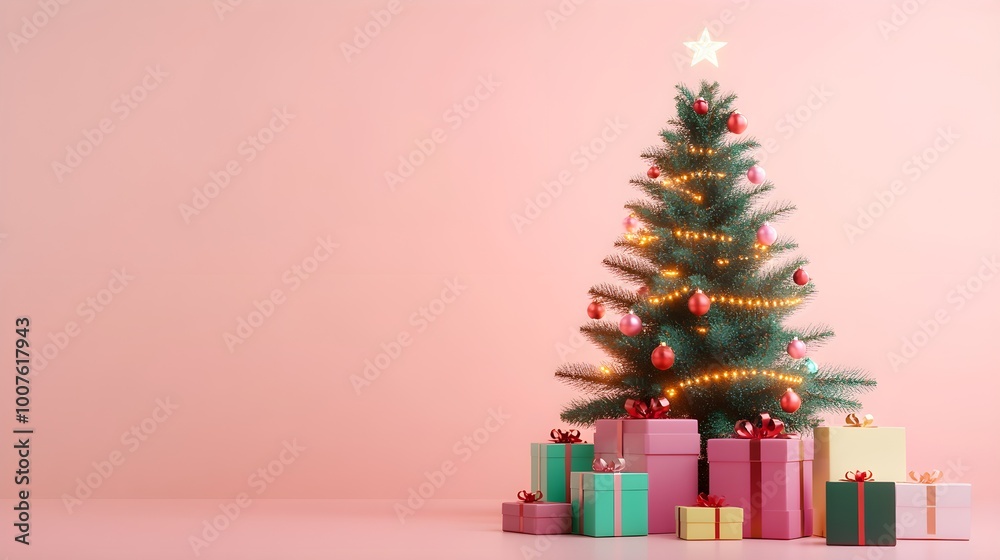 A cozy 3D Christmas scene featuring a beautifully decorated tree with twinkling lights, surrounded by colorful presents, against a light solid color background A cozy 3D Christmas scene featuring a beautifully decorated tree with twinkling lights, surrounded by colorful presents, against a light solid color background