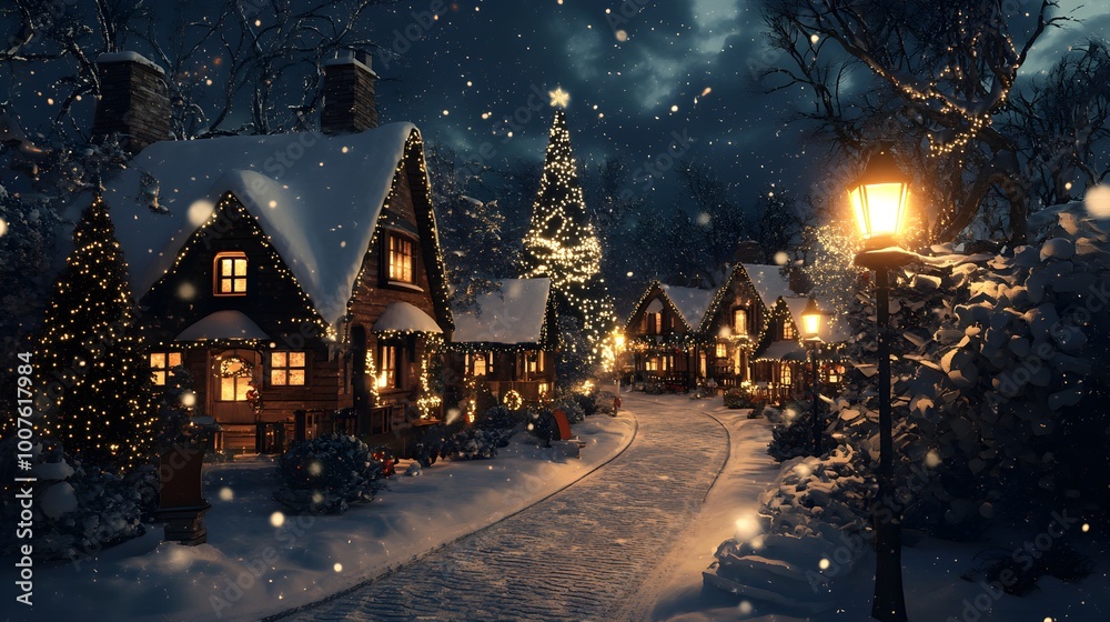 Naklejka premium A realistic 3D depiction of a snowy Christmas village with charming cottages and a softly glowing street lamp, ideal for holiday-themed projects