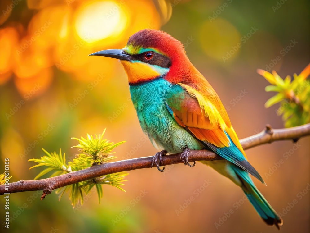 Colorful Bird Perched on a Branch Against a Softly Blurred Natural Background in Warm Lighting Colorful Bird Perched on a Branch Against a Softly Blurred Natural Background in Warm Lighting