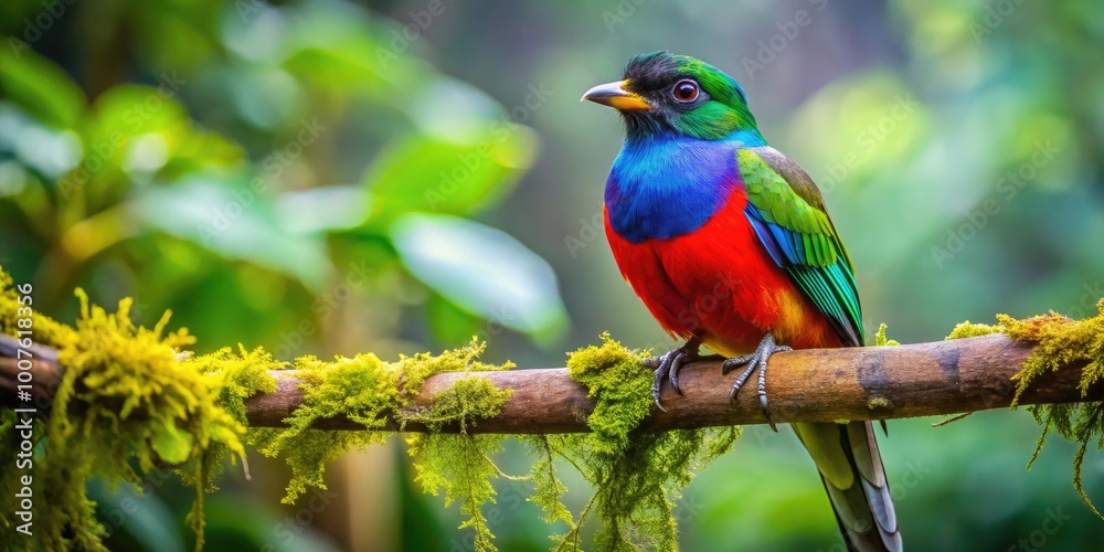 Obraz premium Colorful Bird Perched on a Branch in a Lush Green Forest Displaying Vibrant Feathers and Beauty