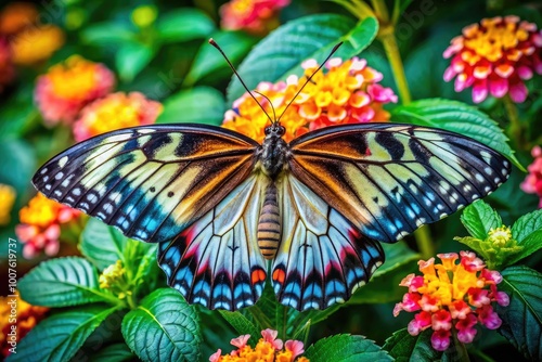 Colorful Butterfly Wings Displaying Beautiful Patterns Amongst Nature's Lush Greenery and Flowers