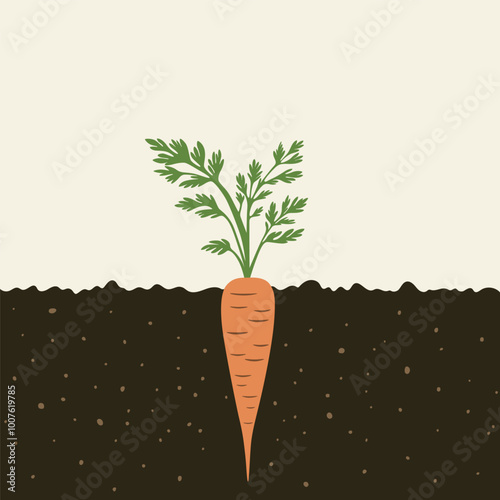 Vector Flat Carrot Illustration Growing in Soil. Side View of Carrot in Ground with Leaves Above. Flat Cartoon Style Root Vegetable, Carrot and Soil Design Template
