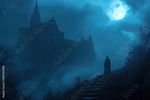 A man in a robe looks at a fog-shrouded castle in the eerie twilight hours