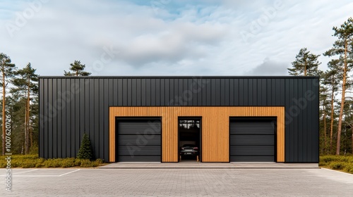 Modern Black and Wood Garage Doors with Car Entrance