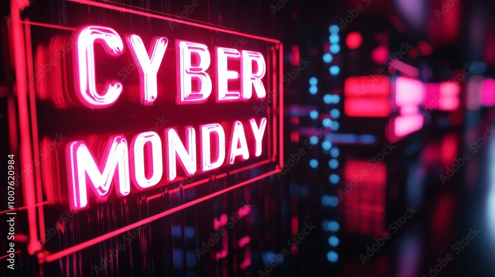 Neon Cyber Monday Sign with Futuristic Background Neon Cyber Monday Sign with Futuristic Background