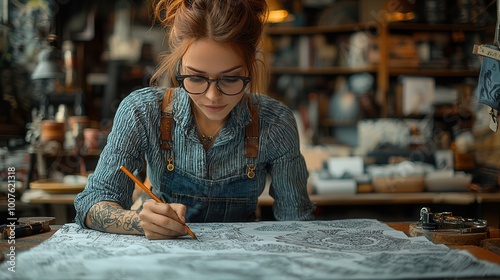 Creative Artist Sketching Intricate Patterns at Workshop