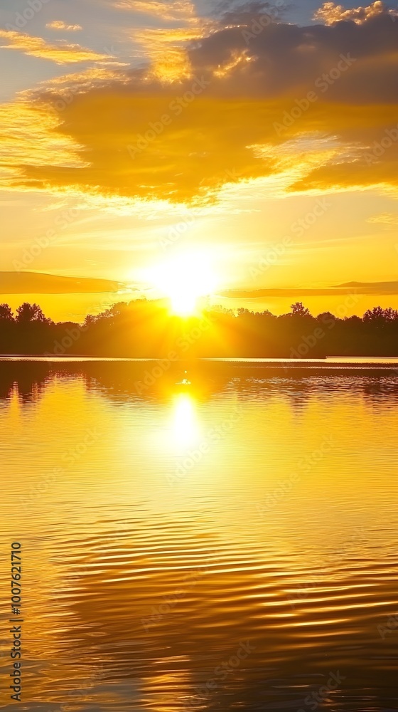 A serene sunrise over a calm lake, with golden sunlight reflecting on the water's surface A serene sunrise over a calm lake, with golden sunlight reflecting on the water's surface
