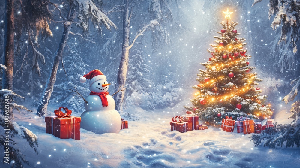 Obraz premium A snowman standing in a snowy forest with a decorated Christmas tree and presents.
