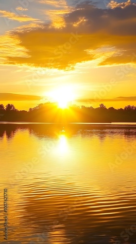 A serene sunrise over a calm lake, with golden sunlight reflecting on the water's surface
