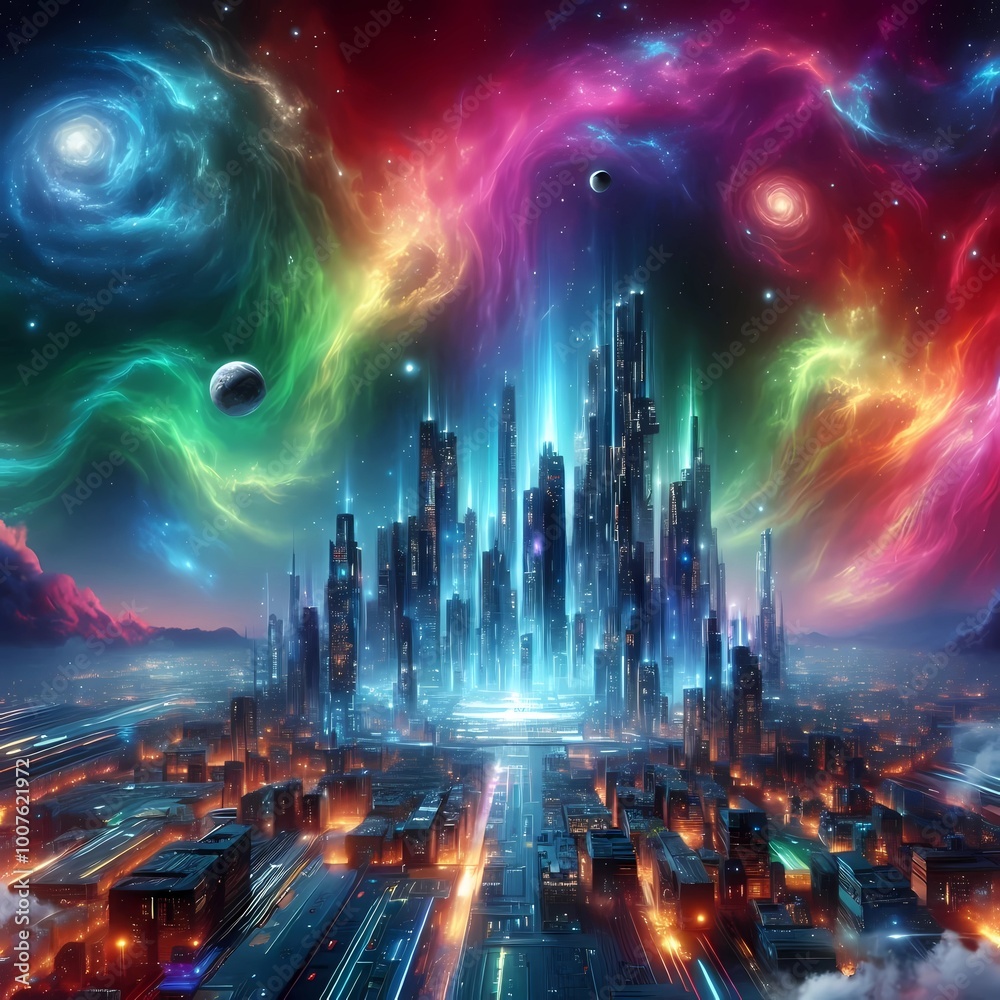 A fantastical cosmic city floating in space A fantastical cosmic city floating in space