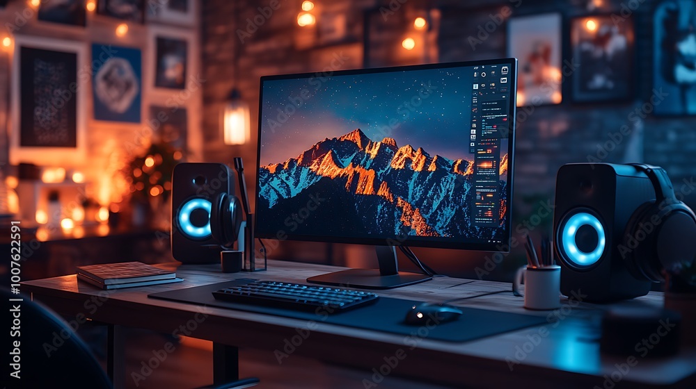 Modern computer setup with a mountain landscape wallpaper, black speakers, keyboard and mouse on a wooden desk. Modern computer setup with a mountain landscape wallpaper, black speakers, keyboard and mouse on a wooden desk.