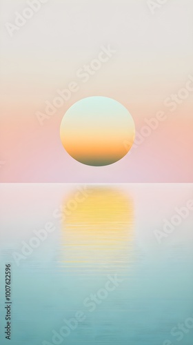 A golden sun rising above a serene horizon, with a light gradient of colors in the sky, symbolizing new beginnings photo