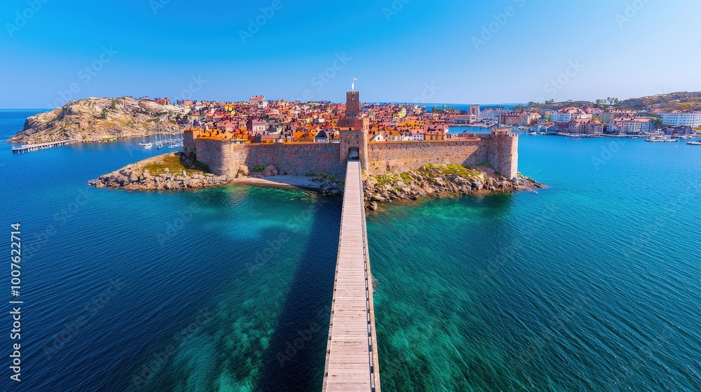 Fototapeta premium Aerial View of Visby Gotland Island Sweden Medieval City Walls Bridge Clear Blue Wat