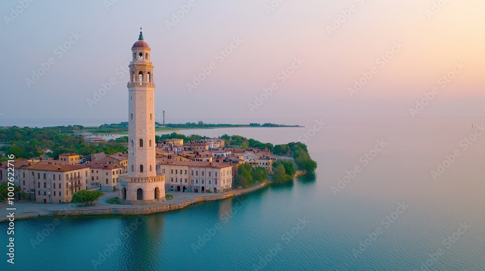 Fototapeta premium Aerial View of Visby Town with Tall Tower at Sunset