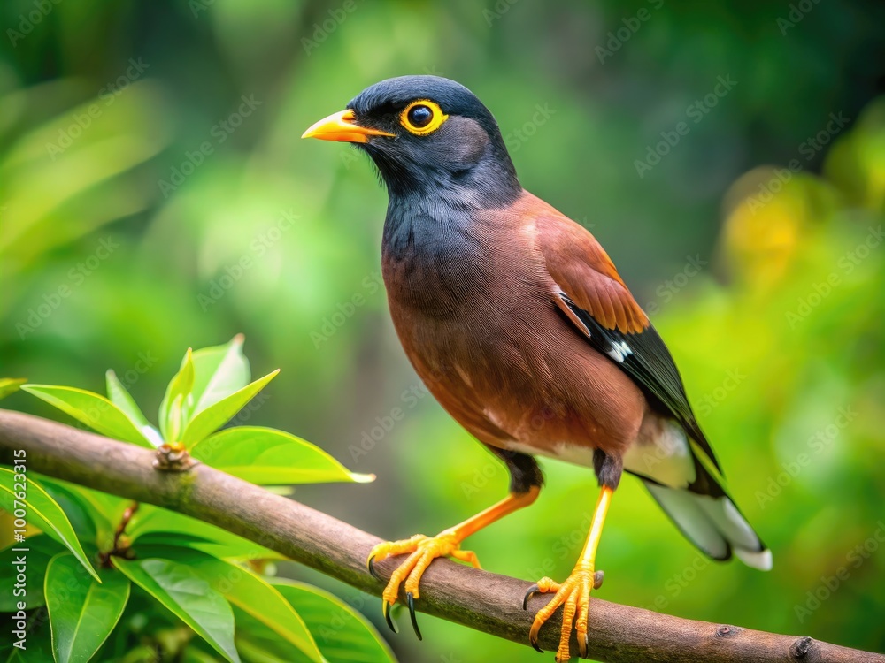 Colorful Indian Myna Bird Perched on a Branch in Natural Habitat with Bright Green Foliage Background Colorful Indian Myna Bird Perched on a Branch in Natural Habitat with Bright Green Foliage Background