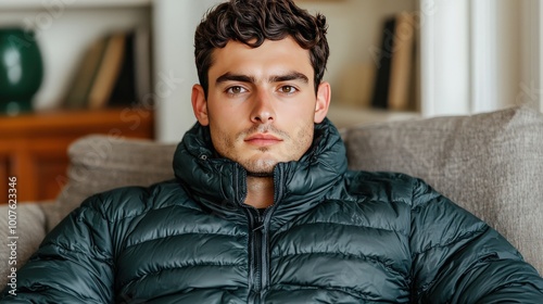 Handsome Man in Green Puffer Jacket Casual Portrait Winter Fashion