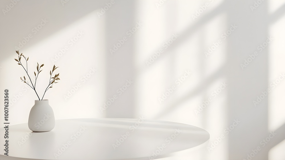 A bright white table set against a soft, light-colored background, showcasing an empty space ready for a product display A bright white table set against a soft, light-colored background, showcasing an empty space ready for a product display