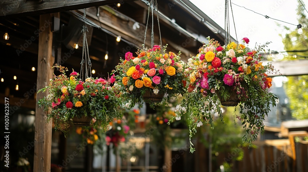 Vibrant Hanging Flower Baskets in Rustic Setting Vibrant Hanging Flower Baskets in Rustic Setting