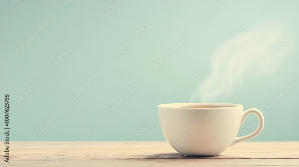 A steaming cup of herbal tea placed on a wooden table with a light solid color background, creating a calming atmosphere A steaming cup of herbal tea placed on a wooden table with a light solid color background, creating a calming atmosphere