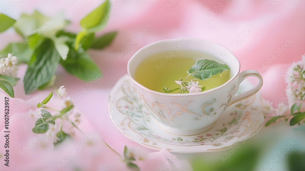 A close-up of a delicate porcelain teacup filled with green tea, surrounded by fresh herbs and leaves, against a soft pastel background A close-up of a delicate porcelain teacup filled with green tea, surrounded by fresh herbs and leaves, against a soft pastel background