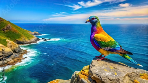 Colorful Murr Bird Perched on a Rock with Ocean Background in a Clear Blue Sky Setting photo