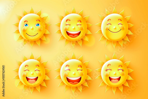 Cute suns. Sunshine, cute smiling faces. Set of funny suns