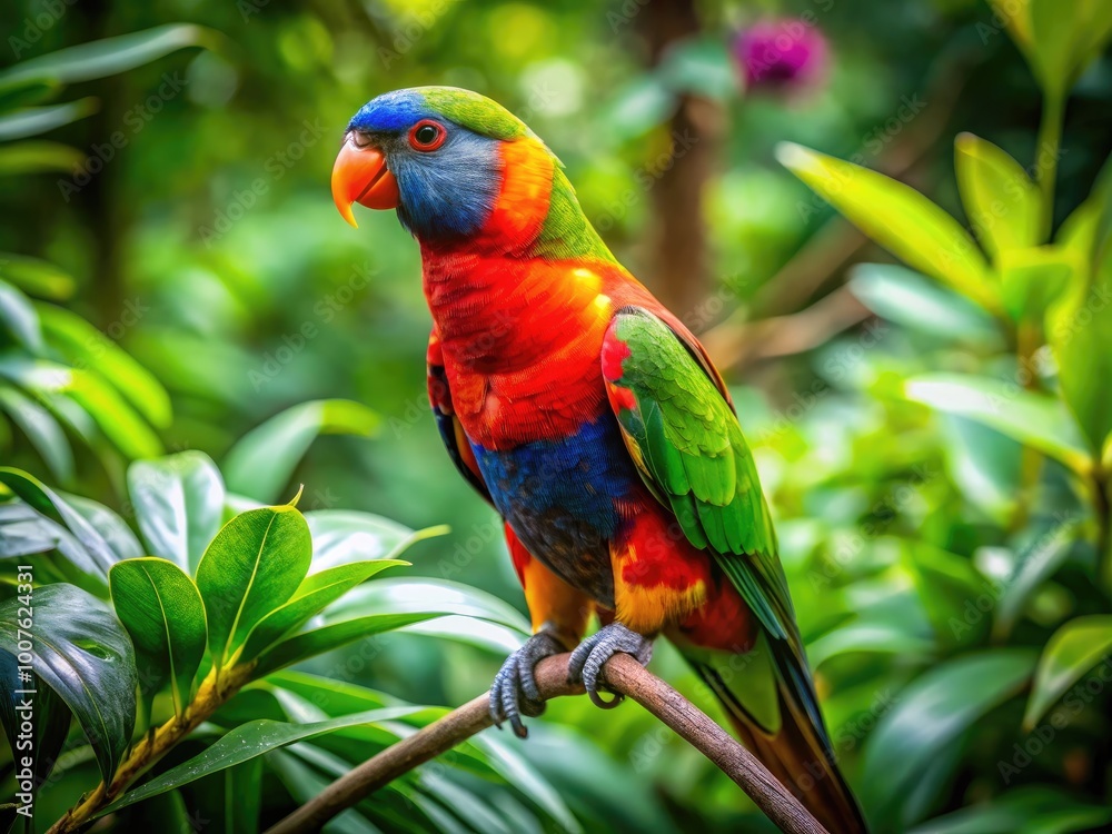 Colorful Parrot Perched on a Branch Surrounded by Lush Green Foliage in Tropical Environment Colorful Parrot Perched on a Branch Surrounded by Lush Green Foliage in Tropical Environment