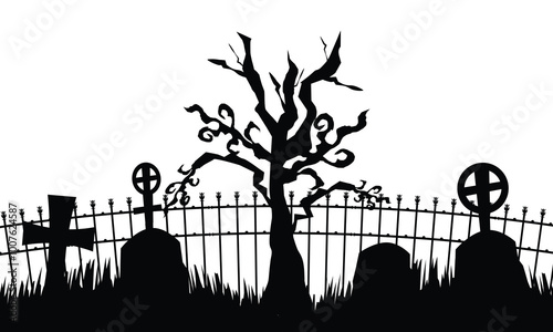 Silhouette horror cemetery with fence element decoration background vector