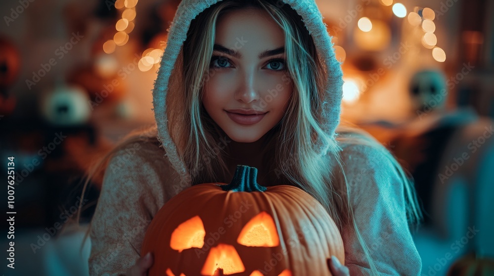 Naklejka premium Halloween Night with Hooded Girl Holding Glowing Jack-O-Lantern
