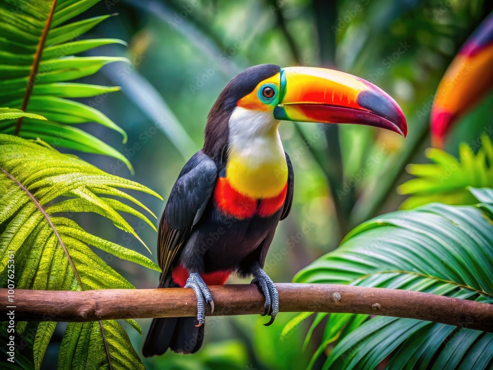 Obraz premium Colorful toucan perched on a branch amidst lush green foliage in a vibrant tropical setting