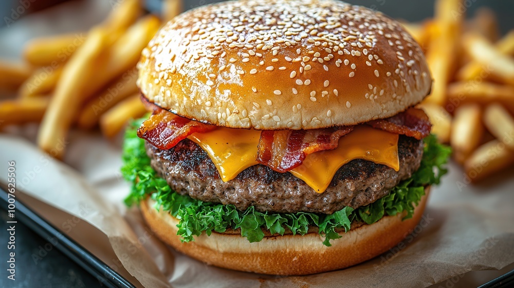 Juicy Burger with Cheese and Bacon on a Platter Juicy Burger with Cheese and Bacon on a Platter