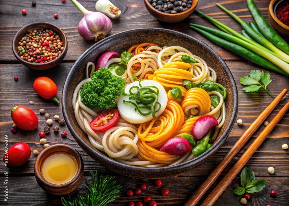 Colorful Udon Noodles with Toppings in a Bowl Surrounded by Fresh Ingredients and Decorative Elements Colorful Udon Noodles with Toppings in a Bowl Surrounded by Fresh Ingredients and Decorative Elements