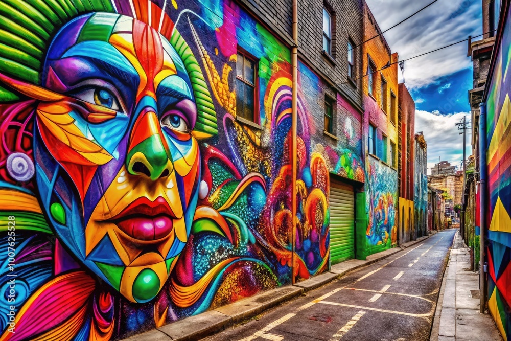 Fototapeta premium Colorful Urban Graffiti Mural with Abstract Patterns and Designs in a Vibrant Street Art Style